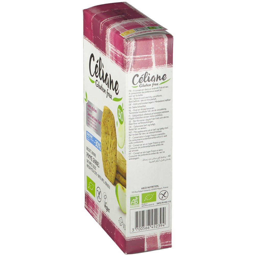 Zijaanzicht van de Céliane koekjesverpakking. Tekst: Céliane Gluten Free. Achterkant met productinformatie en barcode.