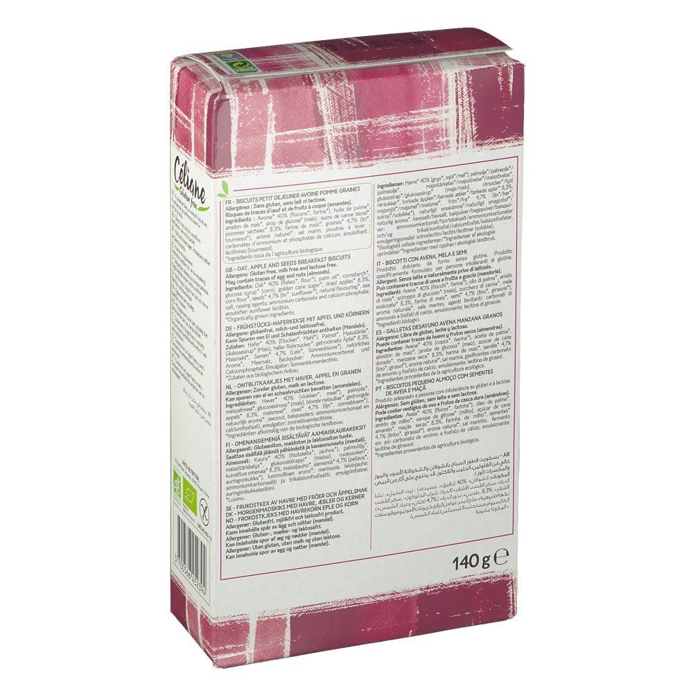 Achterkant van de Céliane koekjesverpakking. Tekst: productinformatie, ingrediënten, voedingswaarden. Bio-certificering.