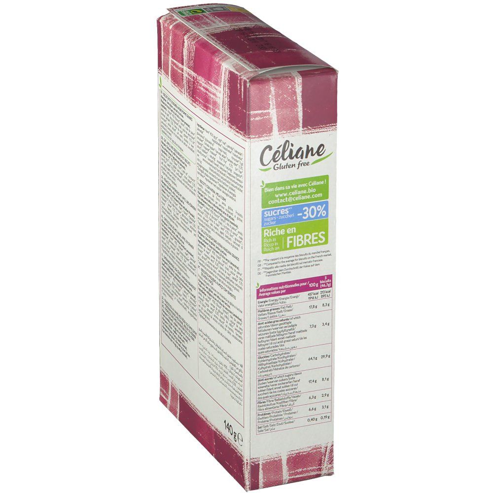 Zijaanzicht van de Céliane koekjesverpakking. Tekst: Céliane Gluten Free, minder suiker, rijk aan vezels. Voedingswaarde-informatie.