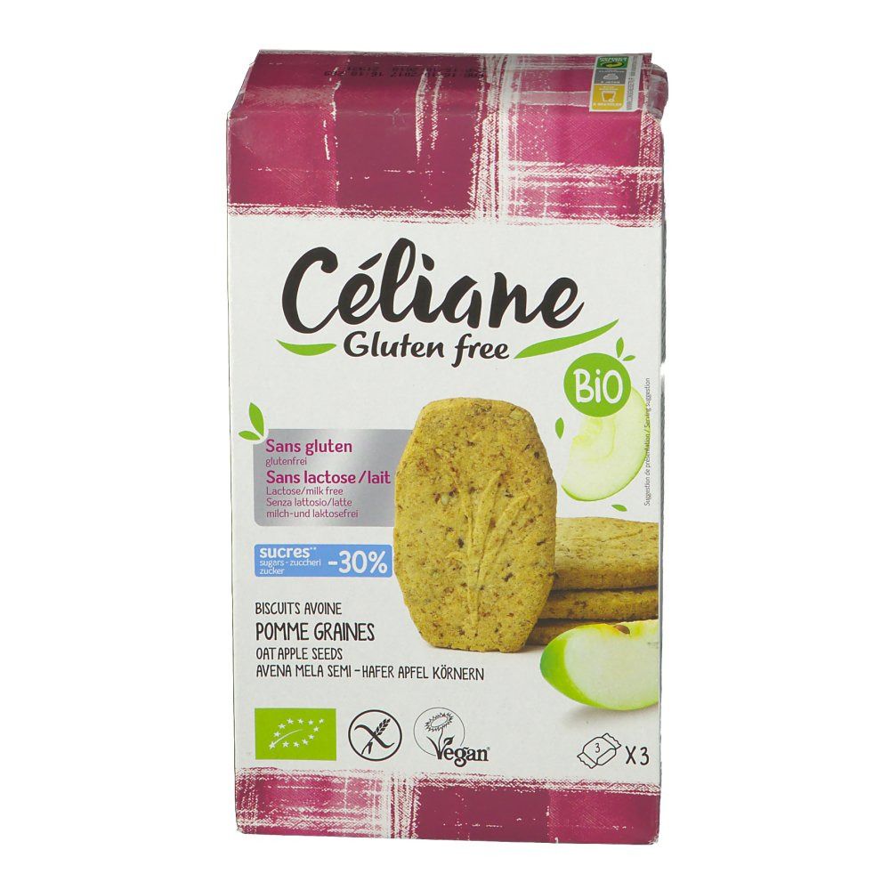 Voorkant van de Céliane koekjesverpakking. Tekst: Gluten Free, Bio, zonder lactose/melk. Afbeelding van koekjes, appel en zaden.