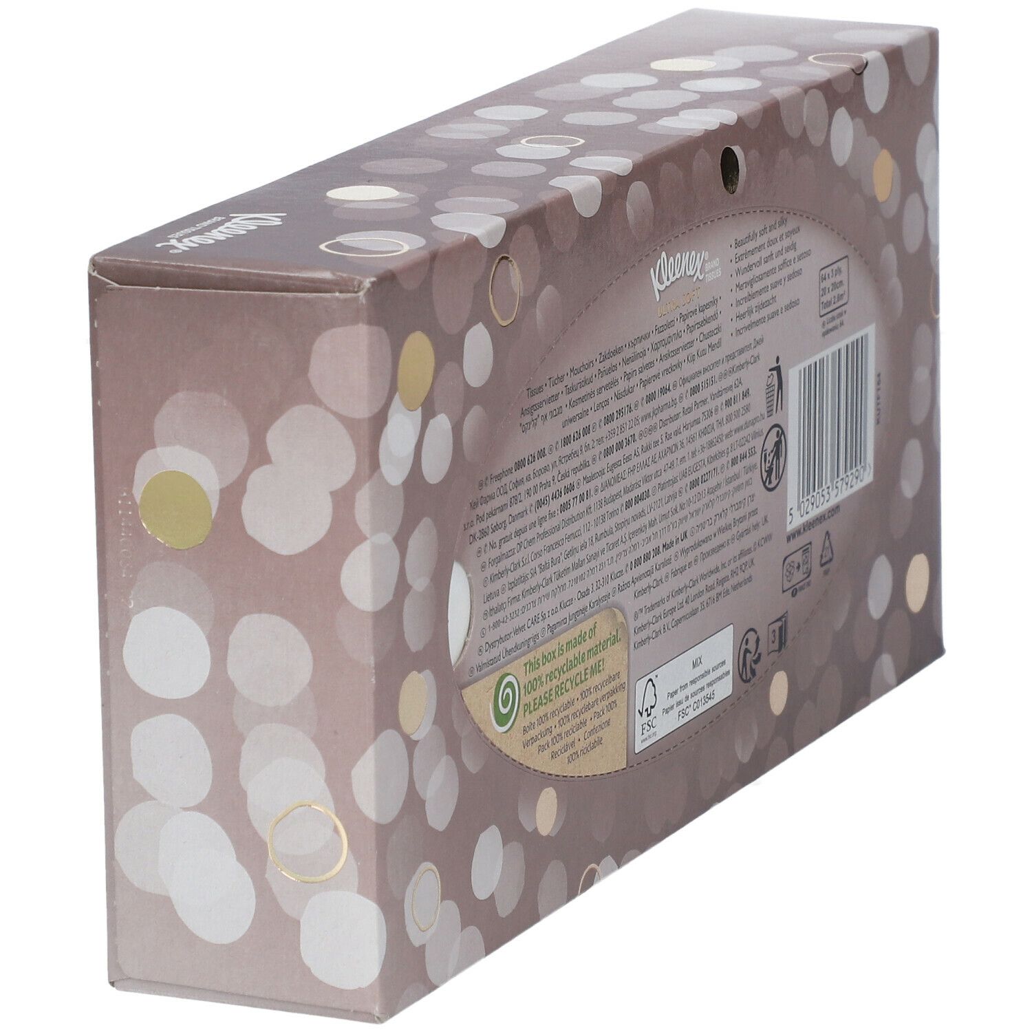 Vue latérale de la boîte Kleenex Ultra Soft. Emballage marron avec cercles. Texte et symbole de recyclage.