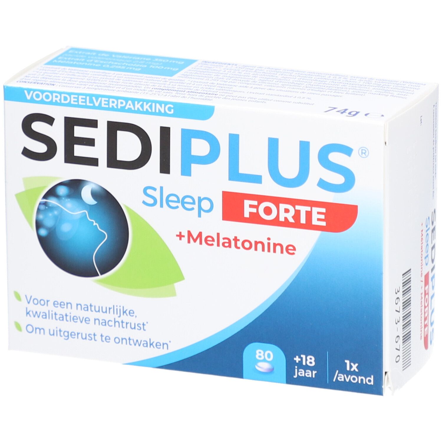 Boîte Sediplus Sleep Forte. Inscription: Sleep Forte, +Mélatonine, 80 comprimés, +18 ans. Illustration d'un visage endormi.