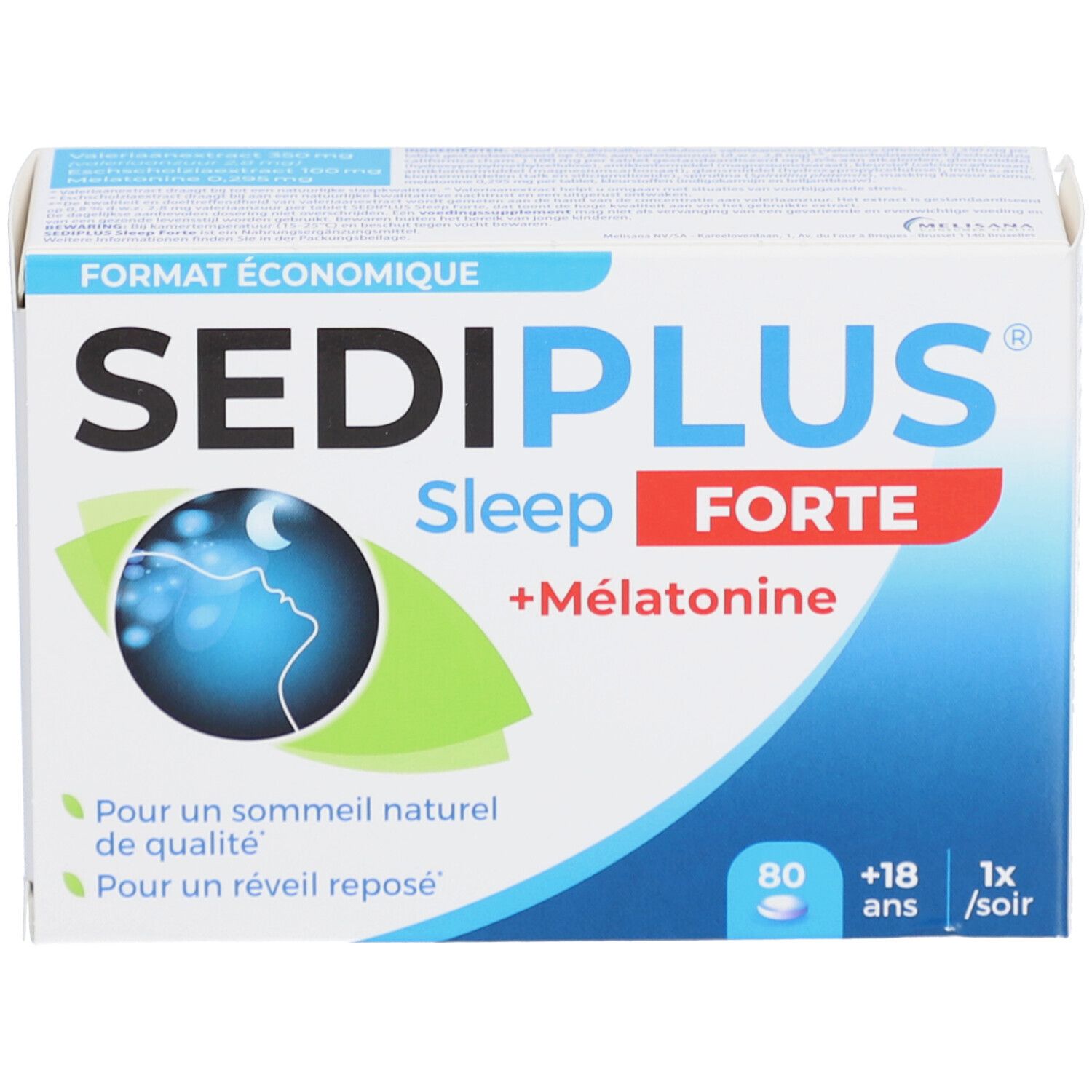 Boîte Sediplus Sleep Forte. Inscription: Sleep Forte, +Mélatonine, 80 comprimés, +18 ans. Illustration d'un visage endormi.