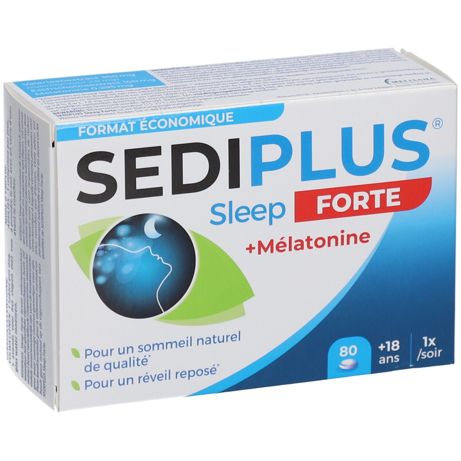Boîte Sediplus Sleep Forte. Inscription: Sleep Forte, +Mélatonine, 80 comprimés, +18 ans. Vue de côté.