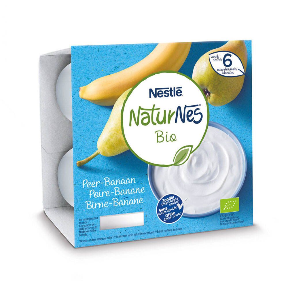 Emballage de 6 pots. Inscription : Nestlé NaturNes Bio, poire-banane. Illustration de poire, banane et yaourt.