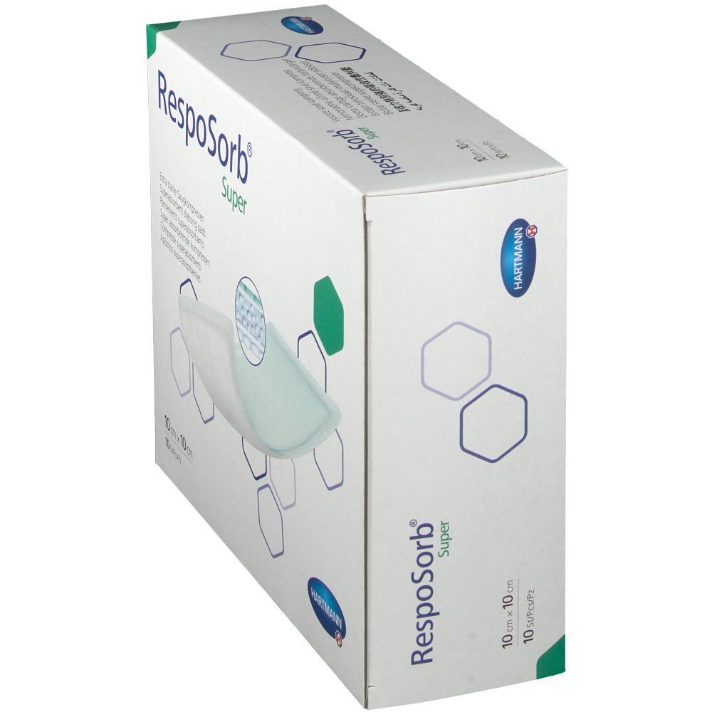 RespoSorb® Super-Verpackung, schräg. Weiße Schachtel mit Produktnamen und Größenangabe. Hartmann-Logo.