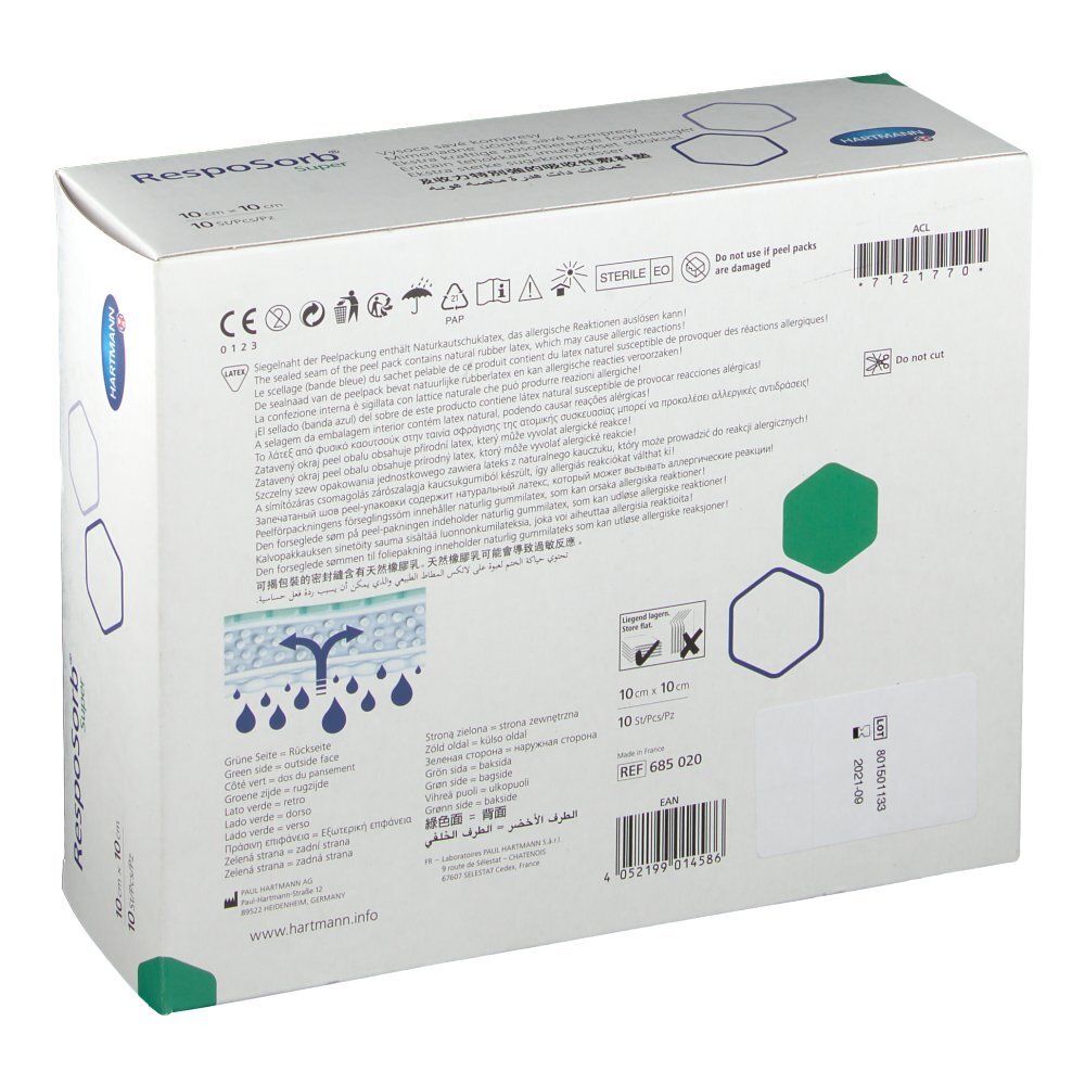 Rückseite der RespoSorb® Super-Verpackung. Informationen, Größenangabe, Logo und Zertifizierungen.