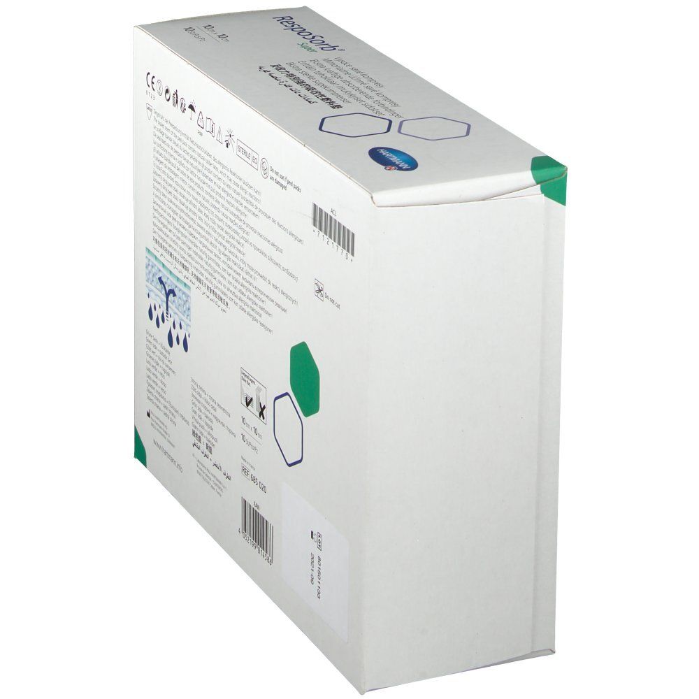 Schrägansicht der RespoSorb® Super-Verpackung. Informationen, Logo und Zertifizierungen.
