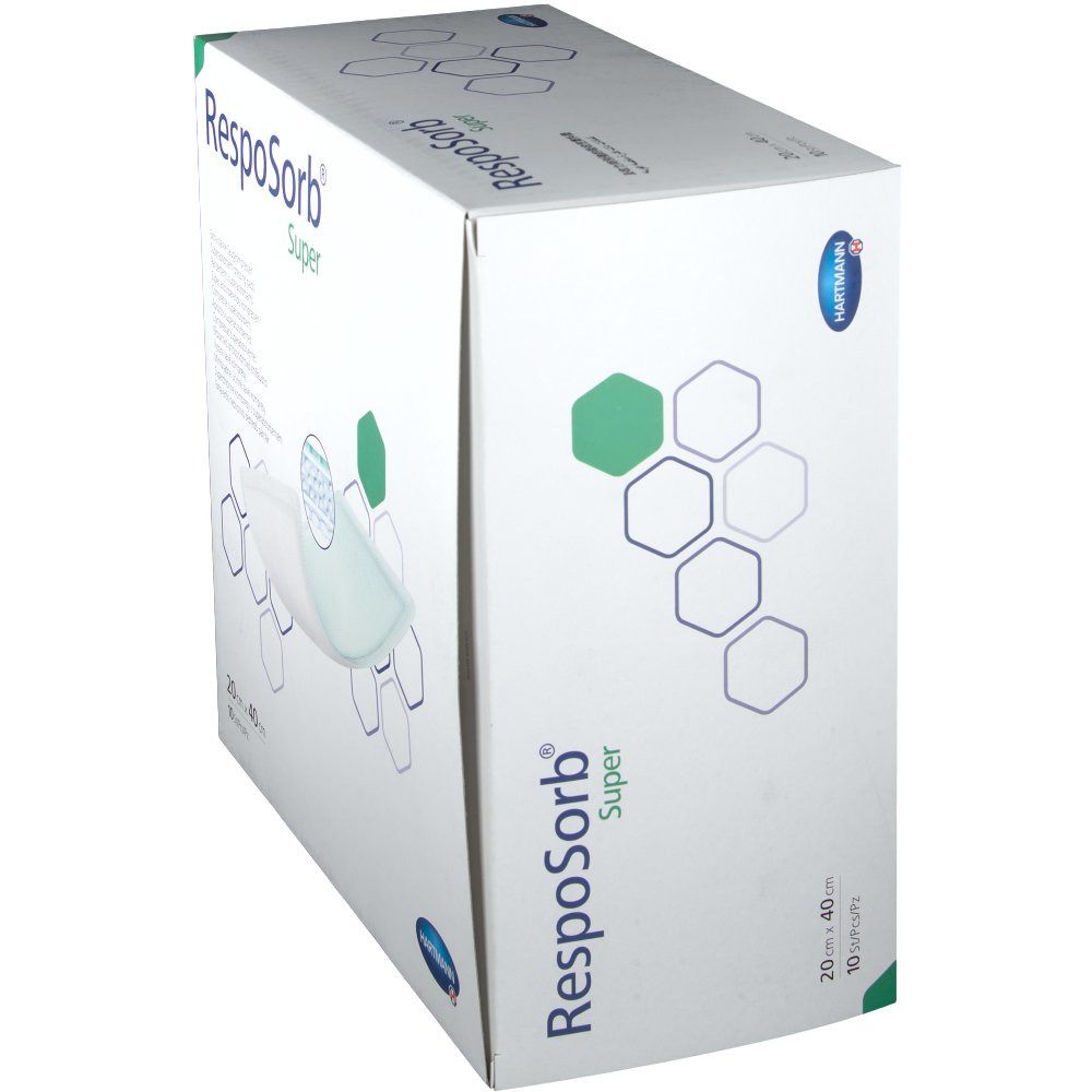 Schachtel von RespoSorb® Super. Produktname und Größe 20x40 cm sind sichtbar. Das Hartmann-Logo ist ebenfalls zu sehen. Die Verpackung ist leicht schräg.