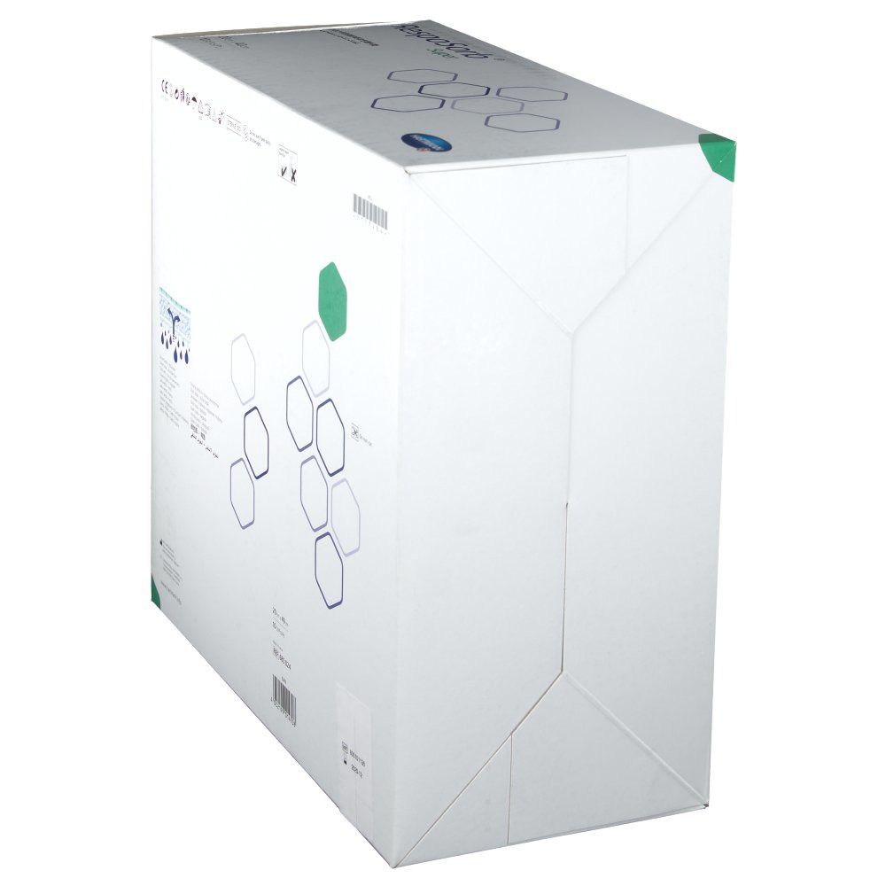 Seitenansicht der RespoSorb® Super Verpackung. Die Verpackung ist weiß mit grünen Akzenten. Die Form ist rechteckig.