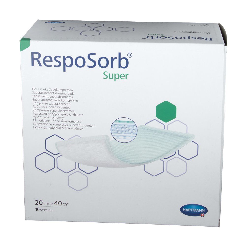 Verpackung von RespoSorb® Super. Produktname, Größe 20x40 cm und Hartmann-Logo sind sichtbar. Ein Verband ist teilweise sichtbar.