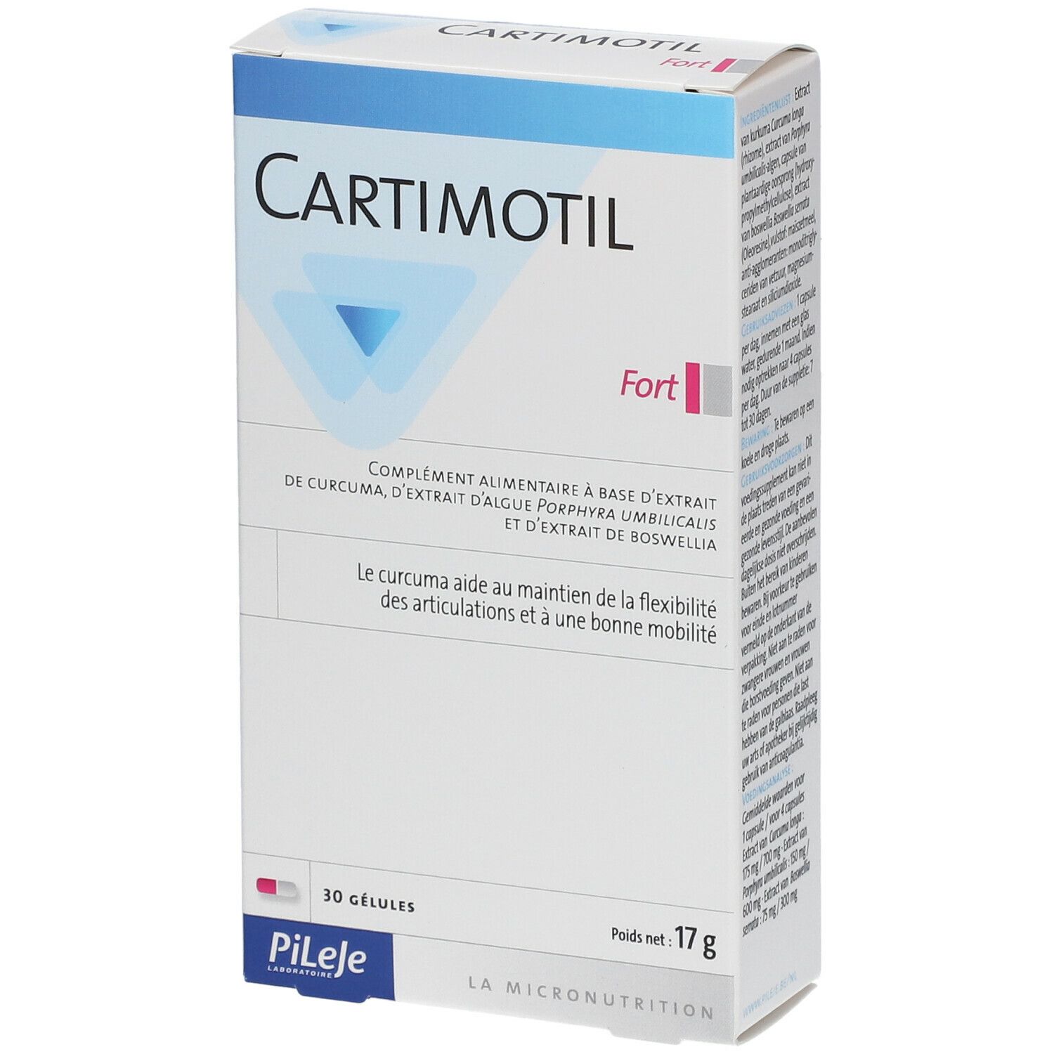 Verpakking van Cartimotil Fort, 30 capsules. Franse tekst. Blauw en wit kleurenschema. Gewicht 17g.