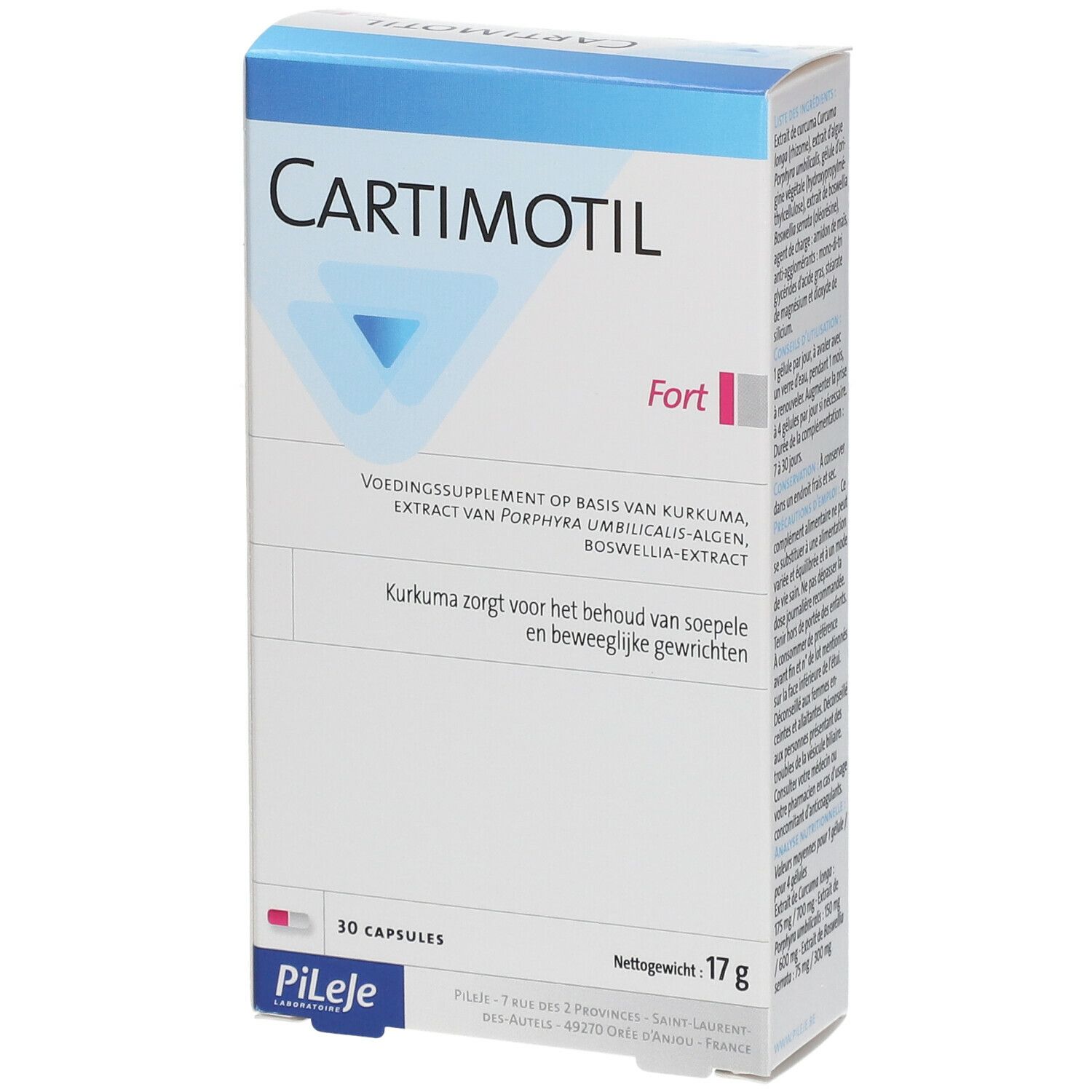 Verpakking Cartimotil Fort, 30 capsules. Nederlandse tekst. Blauw-wit ontwerp. Gewicht 17g. Merk Pileje.