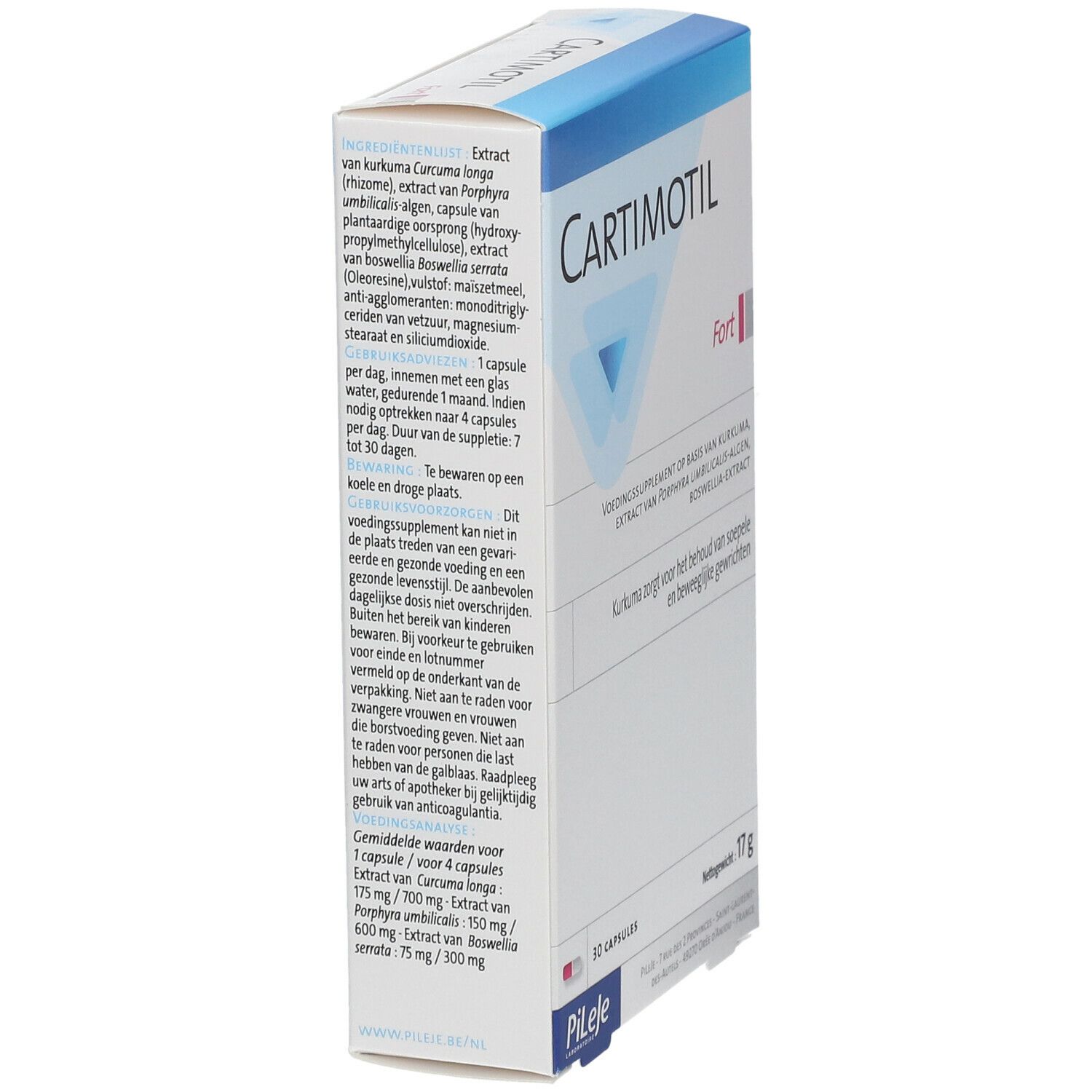 Zijaanzicht van de Cartimotil Fort verpakking. Nederlandse tekst. Informatie over ingrediënten en gebruik. Gewicht 17g.
