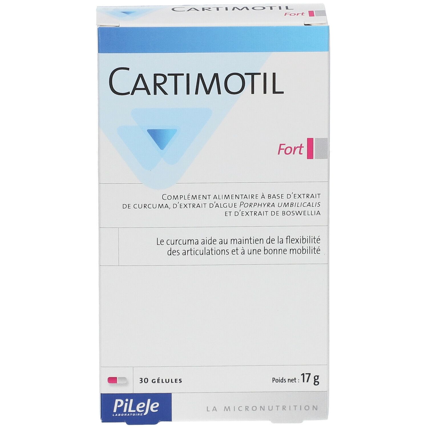 Verpakking Cartimotil Fort, 30 capsules. Franse tekst. Blauw-wit ontwerp. Merk Pileje. Gewicht 17g.