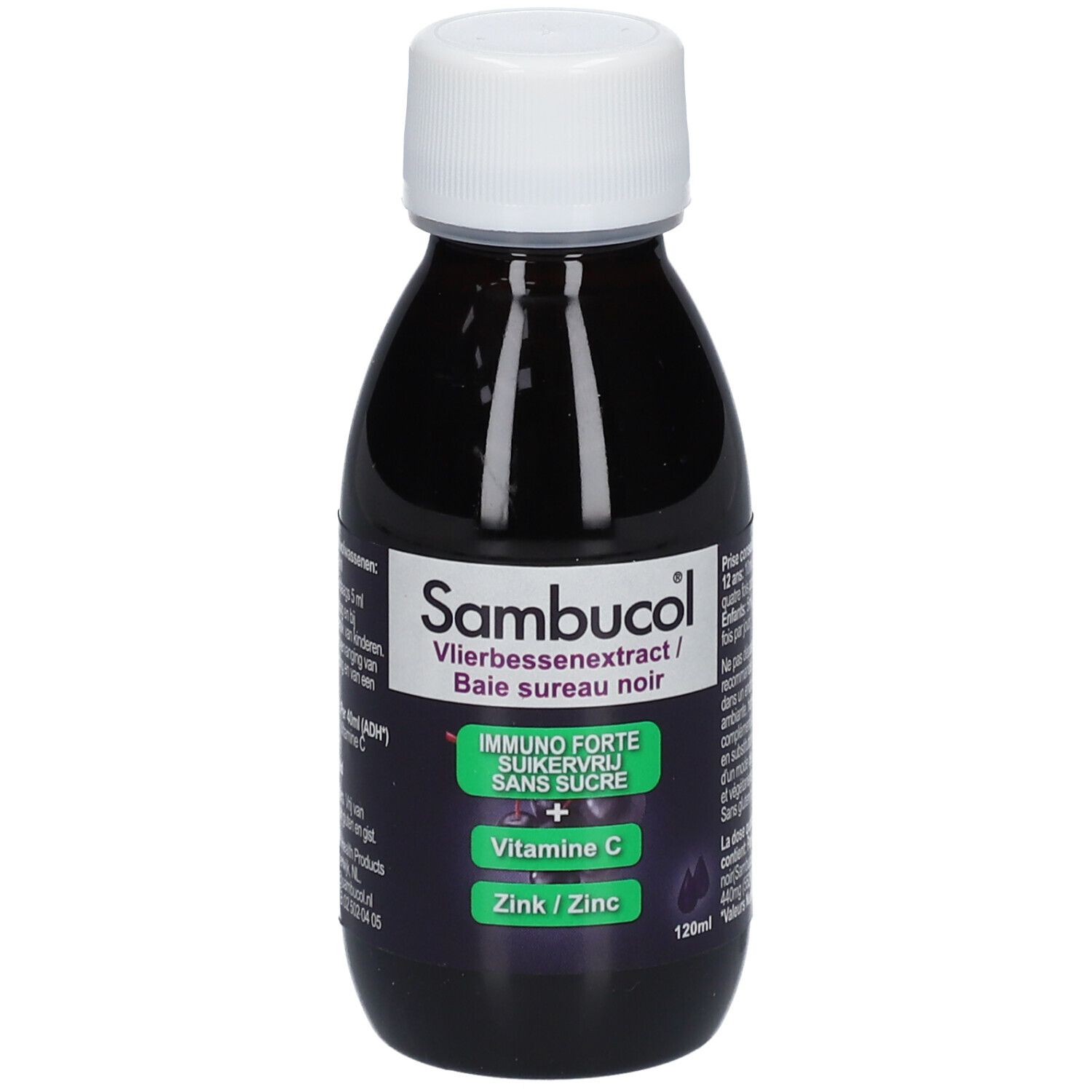Flacon de sirop Sambucol. Liquide noir, bouchon blanc. Inscription: Immuno Forte, Vitamine C, Zinc. 120ml.