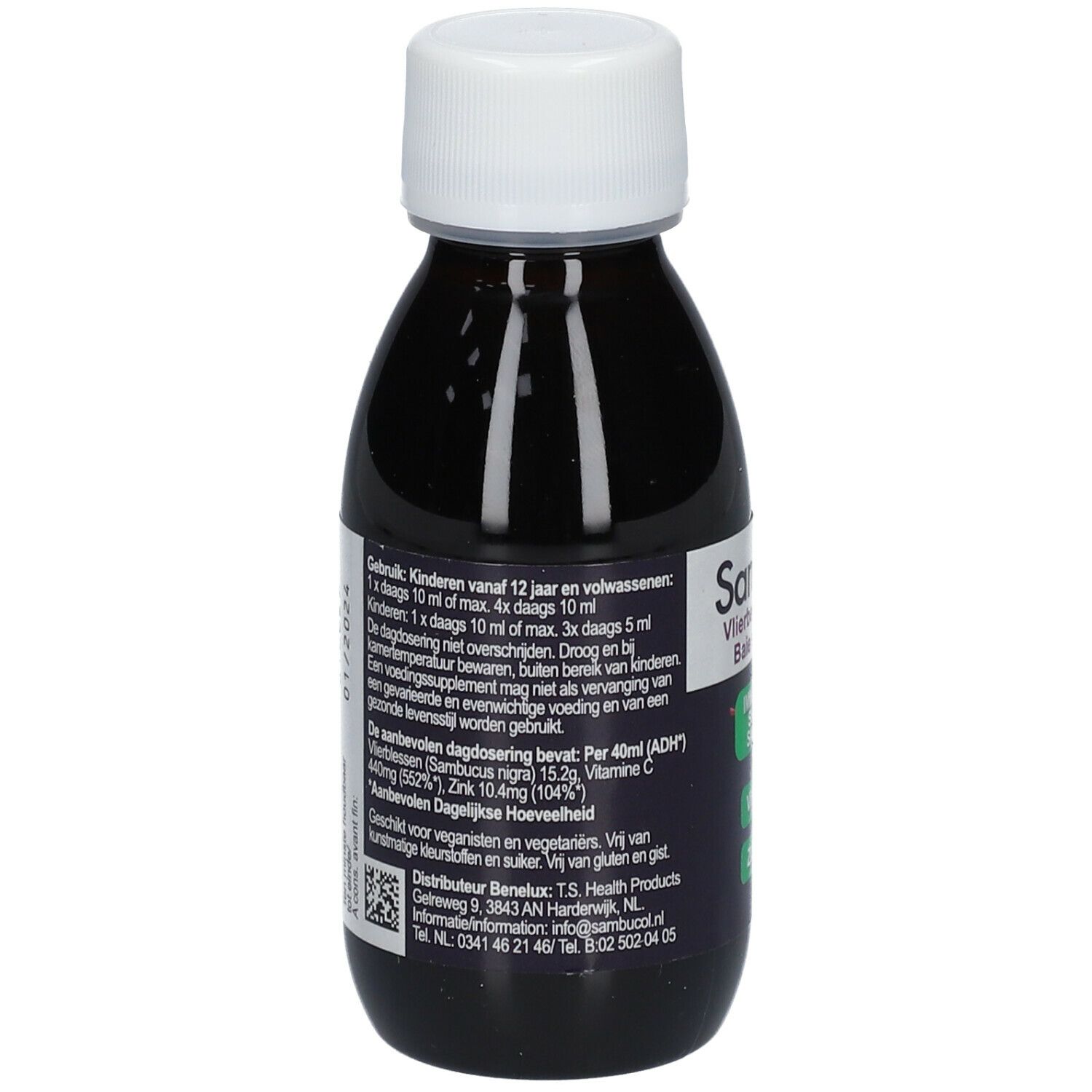Dos de la bouteille de sirop Sambucol. Liquide noir, bouchon blanc. Texte avec dosage et ingrédients.