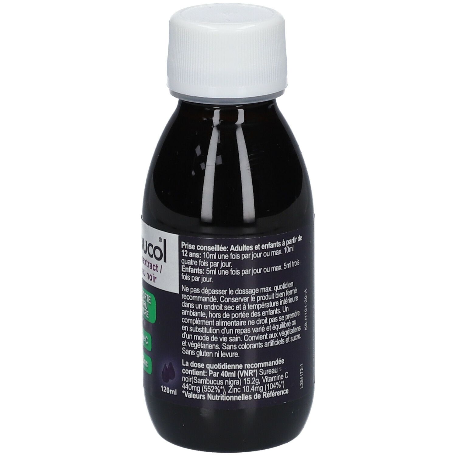 Dos de la bouteille de sirop Sambucol. Liquide noir, bouchon blanc. Texte avec dosage et ingrédients.