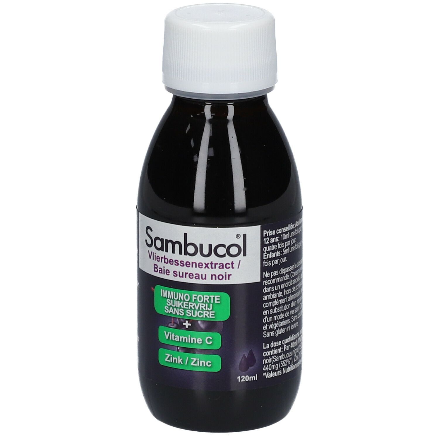 Flacon de sirop Sambucol. Liquide noir, bouchon blanc. Inscription: Immuno Forte, Vitamine C, Zinc. 120ml.
