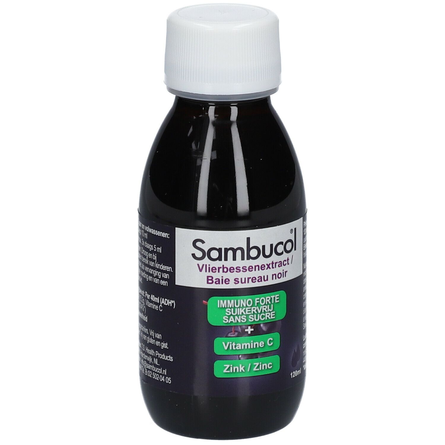 Flacon de sirop Sambucol. Liquide noir, bouchon blanc. Inscription: Immuno Forte, Vitamine C, Zinc. 120ml.