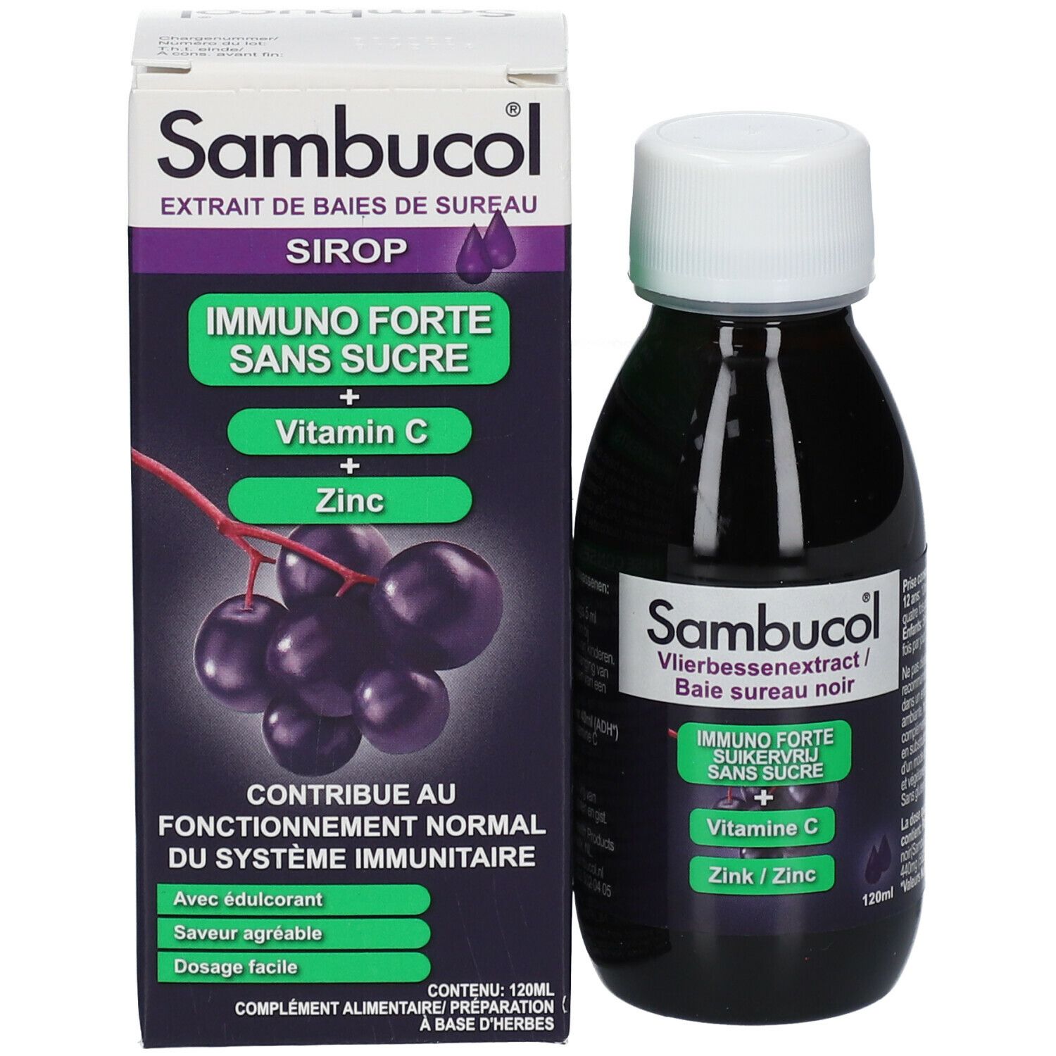 Emballage et flacon de sirop Sambucol. Emballage avec informations et illustration de baies de sureau. Flacon à côté.