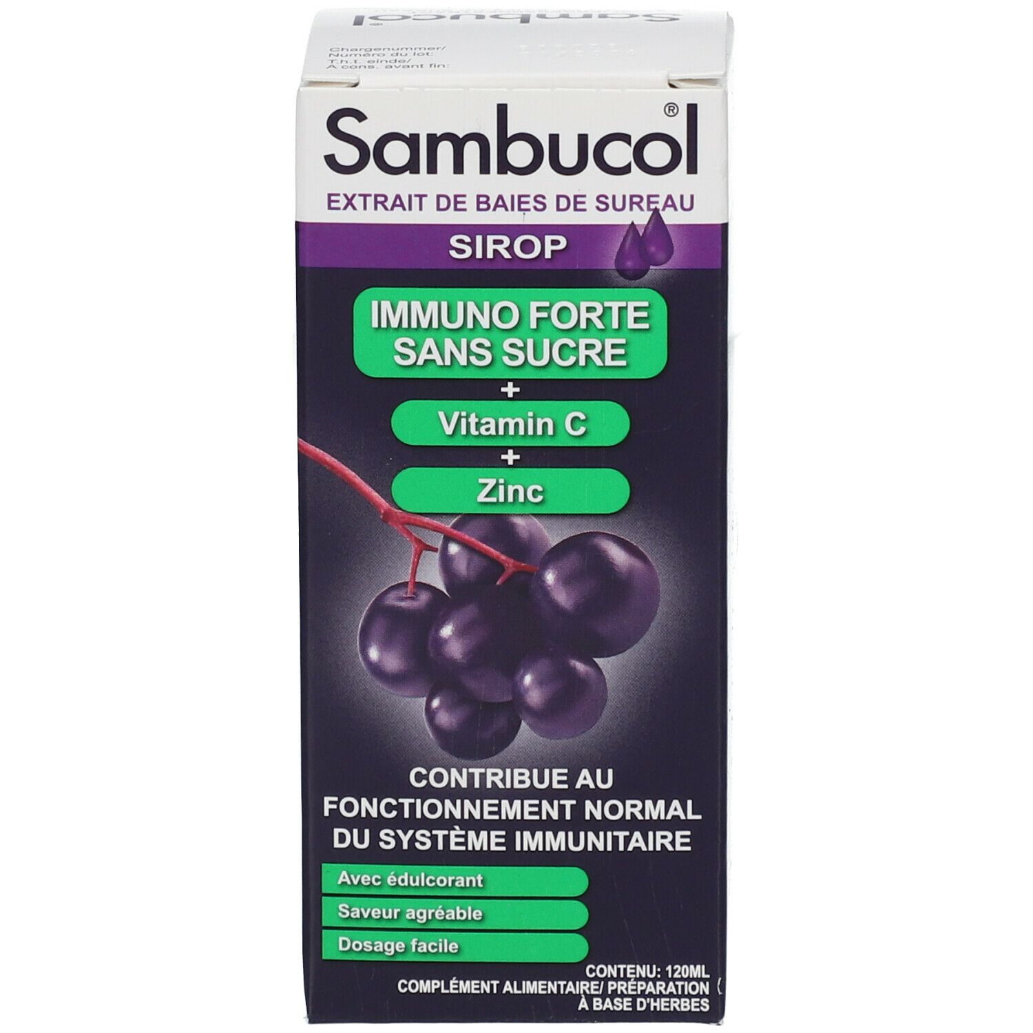 Emballage de sirop Sambucol. Informations produit, illustration de baies de sureau. Inscription: Immuno Forte, Vitamine C, Zinc.