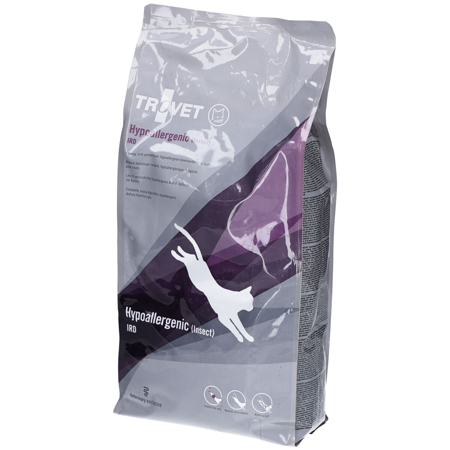Beutel mit Katzenfutter. Aufschrift: TROVET Hypoallergenic IRD (insect). Abbildung einer springenden Katze.