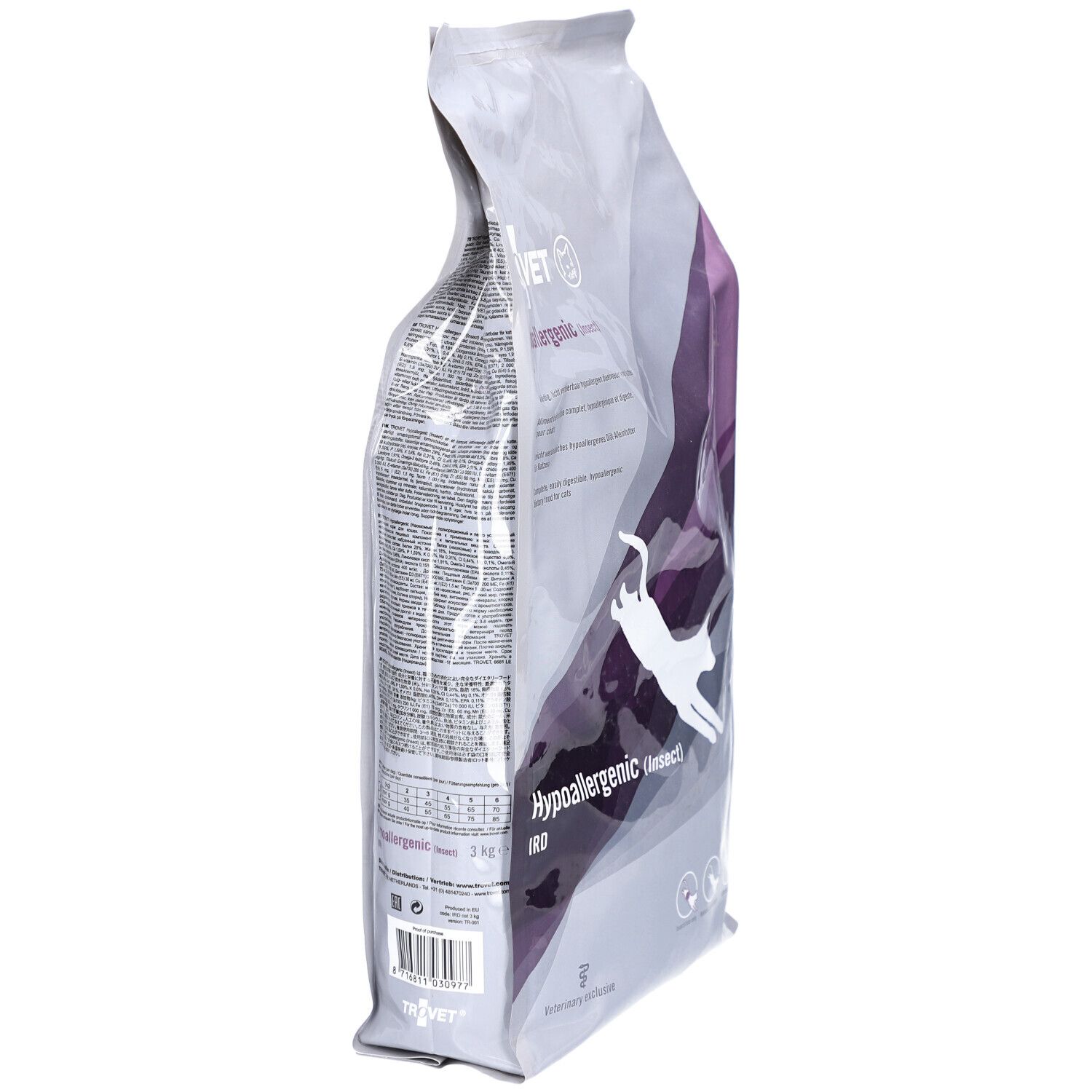 Seitenansicht eines Beutels mit Katzenfutter. Aufschrift: TROVET Hypoallergenic IRD (insect).