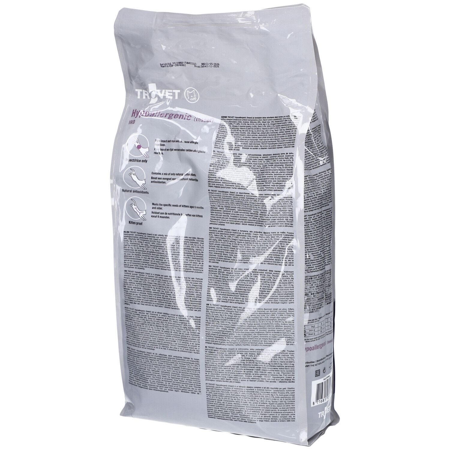 Rückseite eines Beutels mit Katzenfutter. Textinformationen und Logos. Aufschrift: TROVET Hypoallergenic IRD.