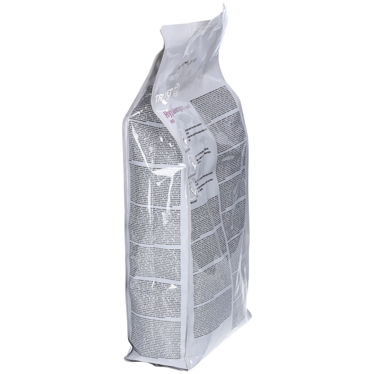 Seitenansicht eines Beutels mit Katzenfutter. Textinformationen. Aufschrift: TROVET Hypoallergenic IRD.