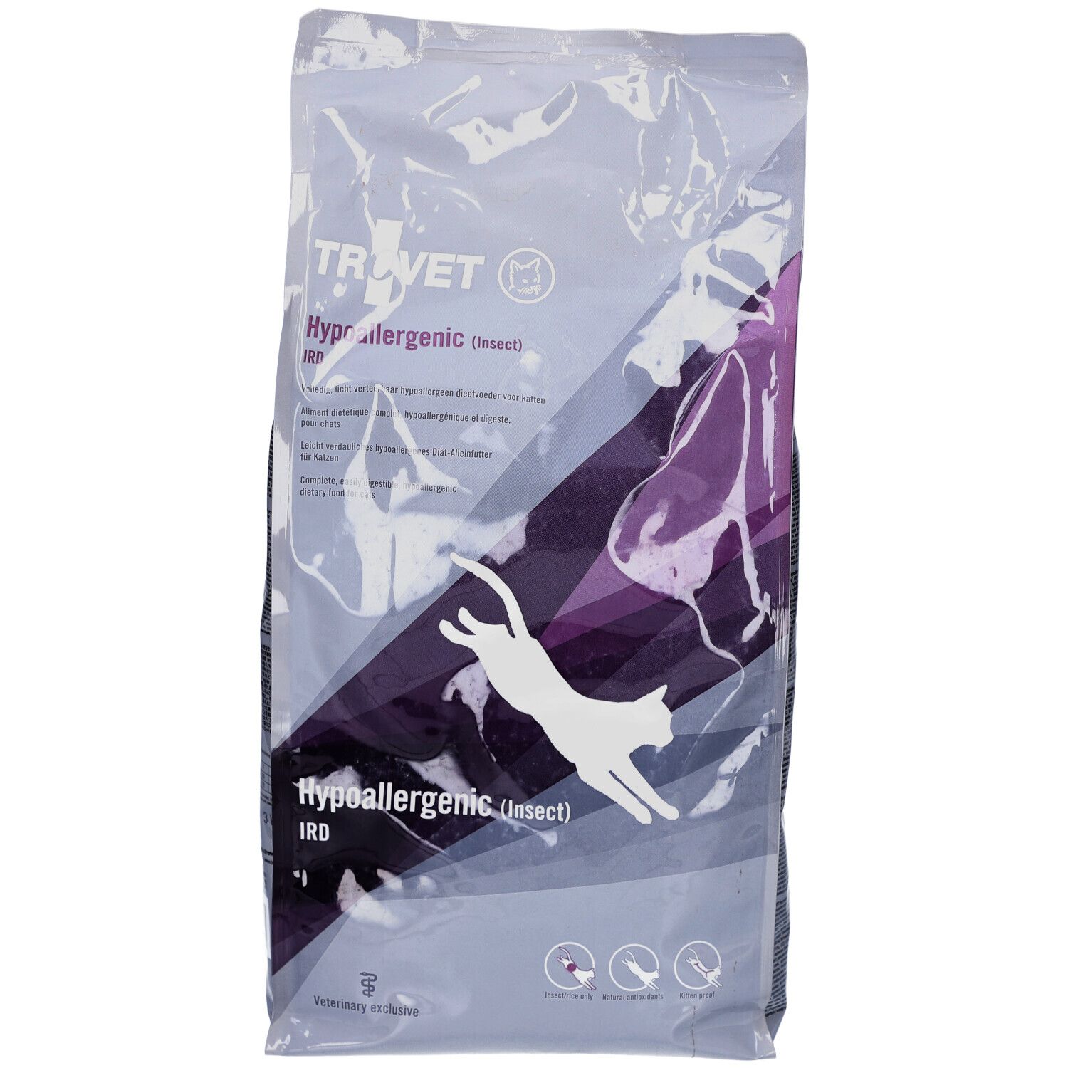 Beutel mit Katzenfutter. Aufschrift: TROVET Hypoallergenic IRD (insect). Abbildung einer springenden Katze.