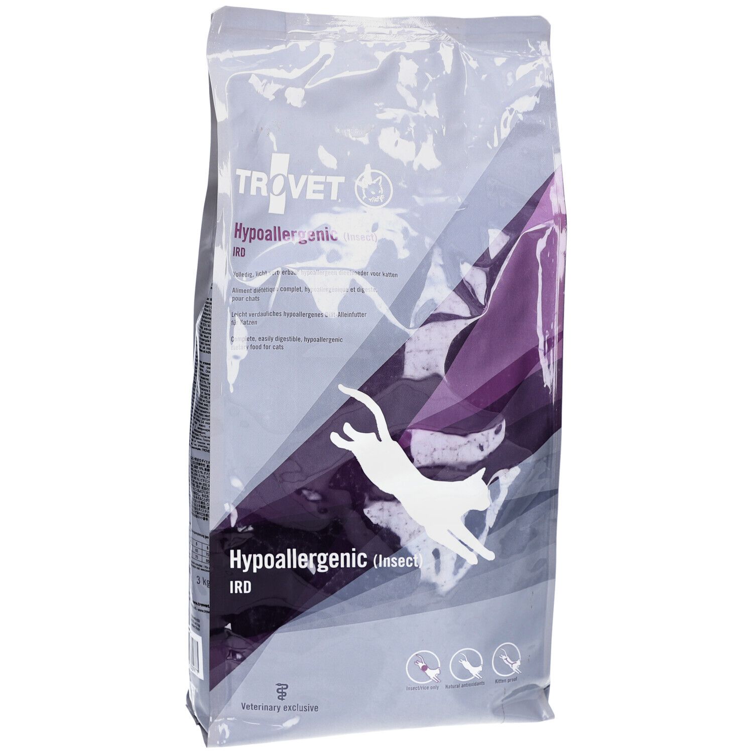 Beutel mit Katzenfutter. Aufschrift: TROVET Hypoallergenic IRD. Abbildung einer springenden Katze.