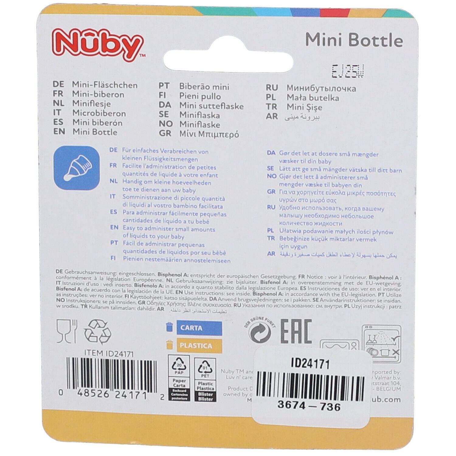 Rückseite der Mini-Flaschen-Verpackung mit Text in mehreren Sprachen und Recycling-Symbolen.