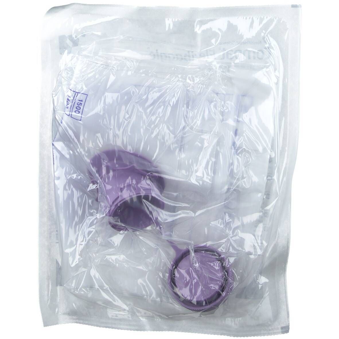 Verpakking met medische accessoires. Paarse sluitingen en zak zichtbaar. Verpakt in transparante plastic.