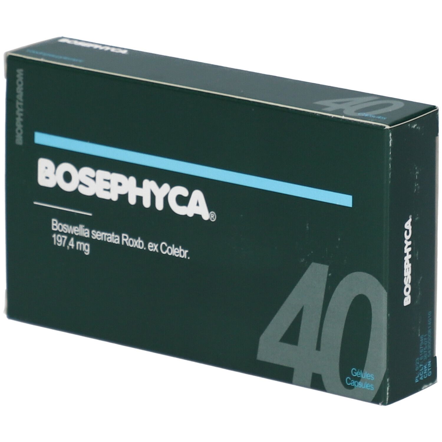 Boîte verte foncée avec le texte blanc BOSEPHYCA et le chiffre 40. Contient Boswellia serrata.