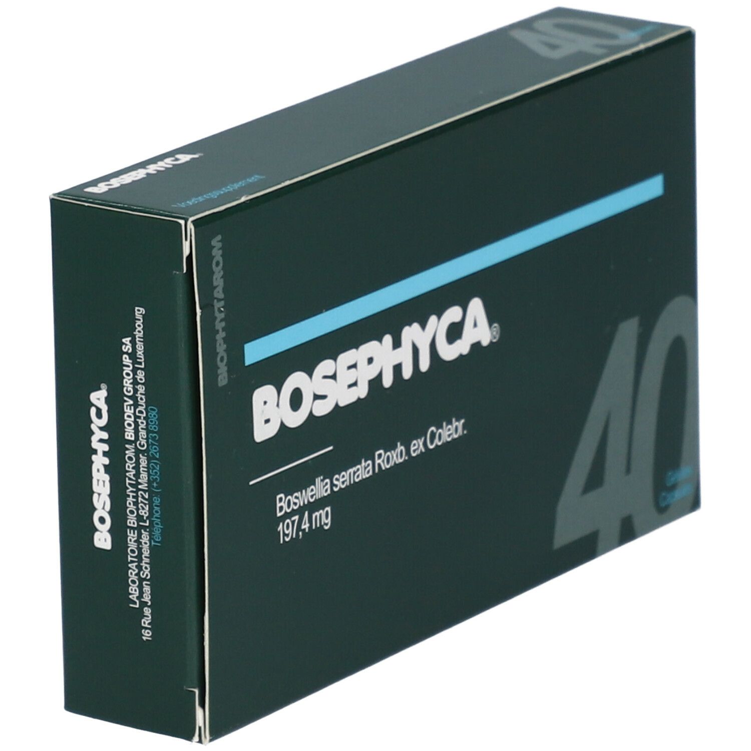 Boîte verte foncée avec le texte blanc BOSEPHYCA et le chiffre 40. Contient Boswellia serrata.