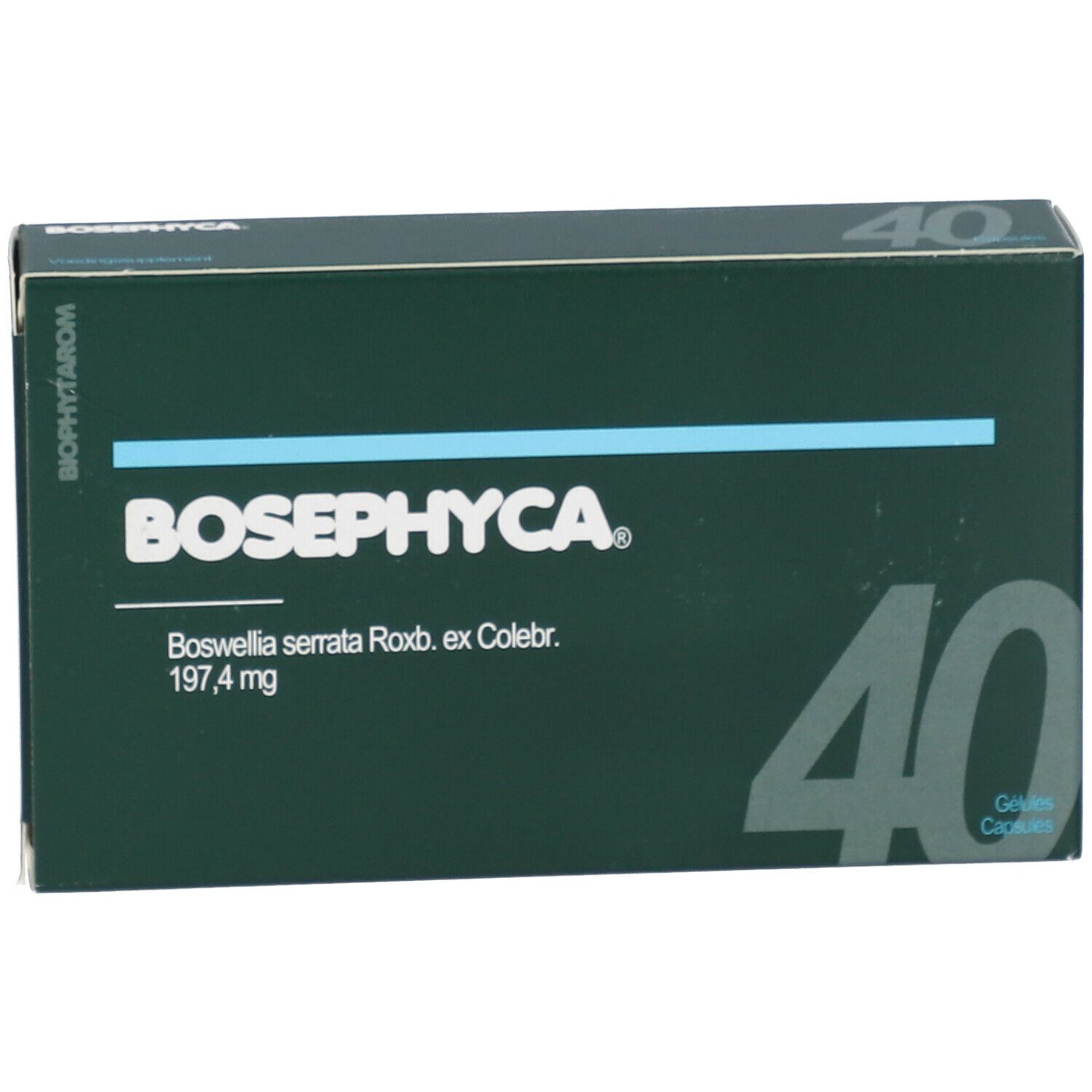 Boîte verte foncée avec le texte blanc BOSEPHYCA et le chiffre 40. Contient Boswellia serrata.