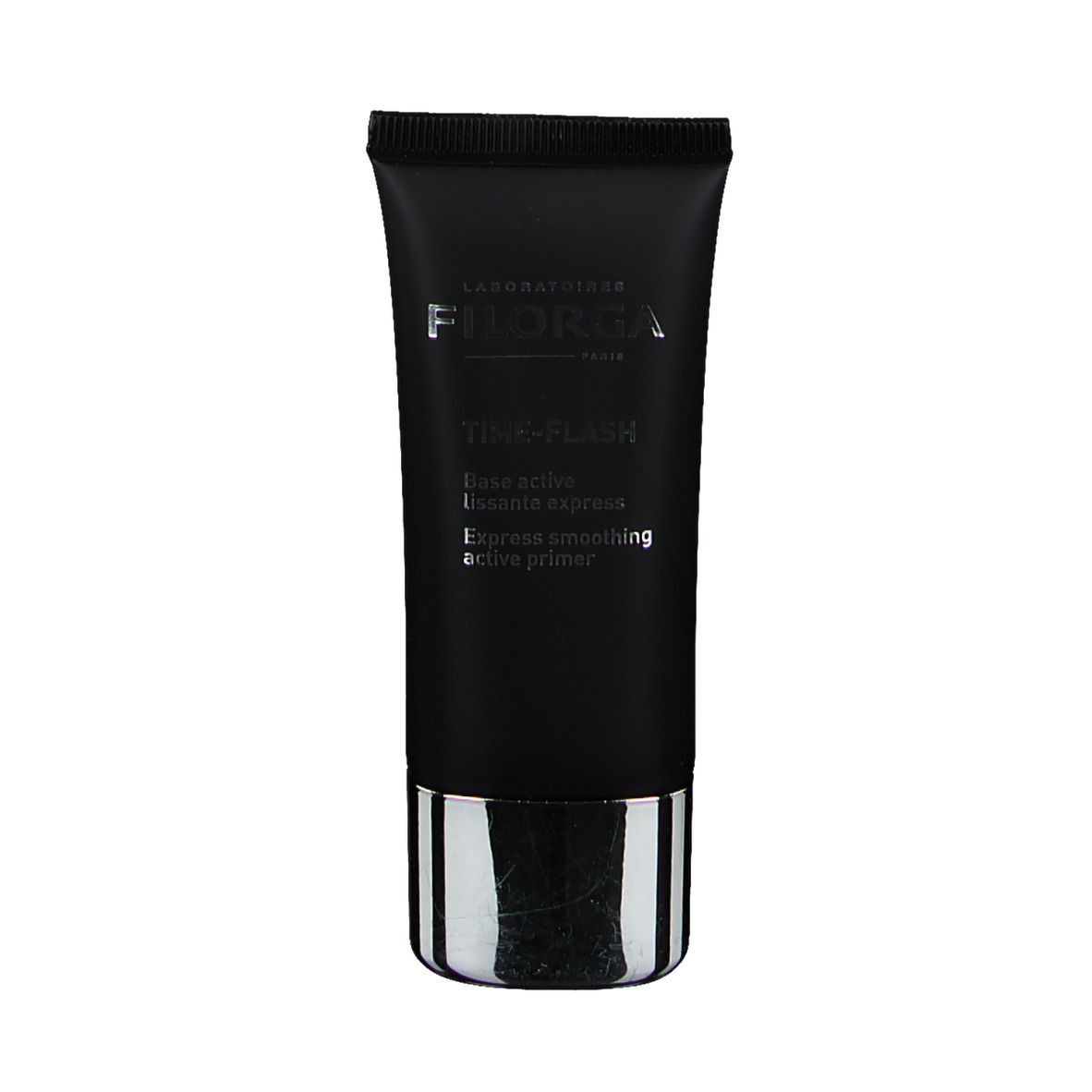 Tube noir avec base argentée. Texte: FILORGA, TIME-FLASH, Base active lissante express, Express smoothing active primer.