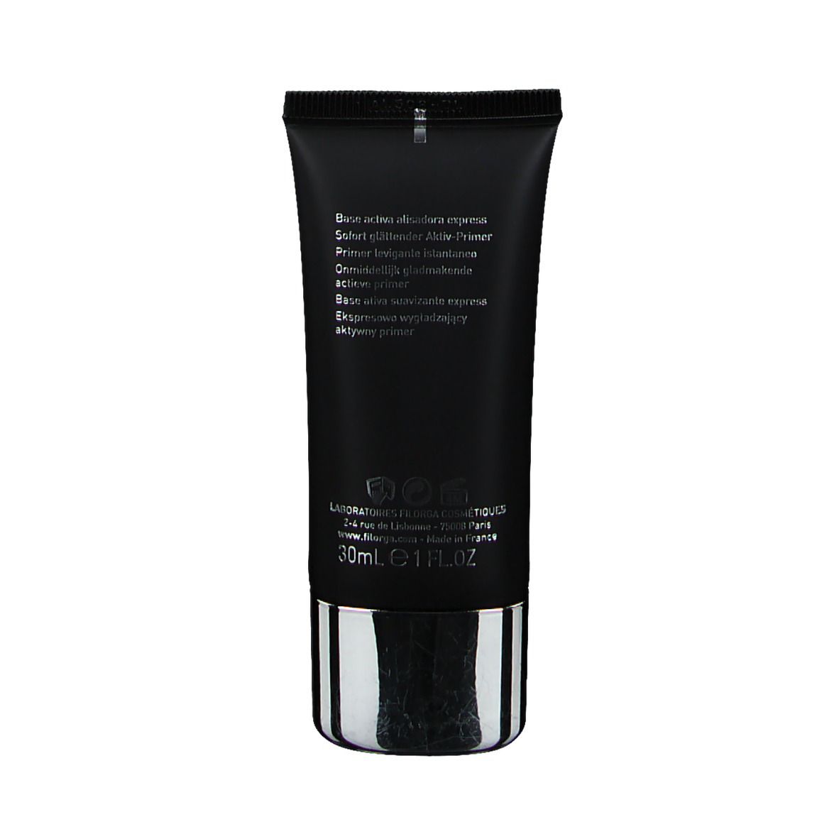 Dos du tube noir. Texte: Base active lissante express, 30ml, FILORGA, Made in France.