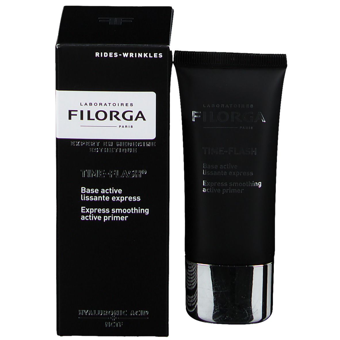 Boîte noire et tube. Texte: FILORGA, TIME-FLASH, Base active lissante express, Express smoothing active primer, Rides-Wrinkles.