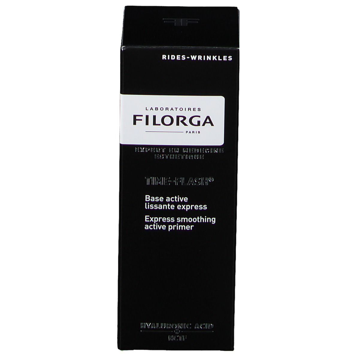 Boîte noire. Texte: FILORGA, TIME-FLASH, Base active lissante express, Express smoothing active primer, Rides-Wrinkles.