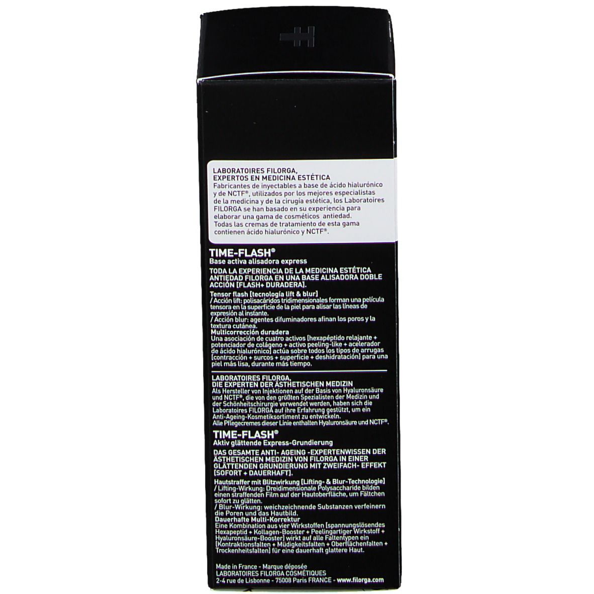 Boîte noire. Texte: FILORGA, TIME-FLASH, Base active lissante express, Experts en médecine esthétique.