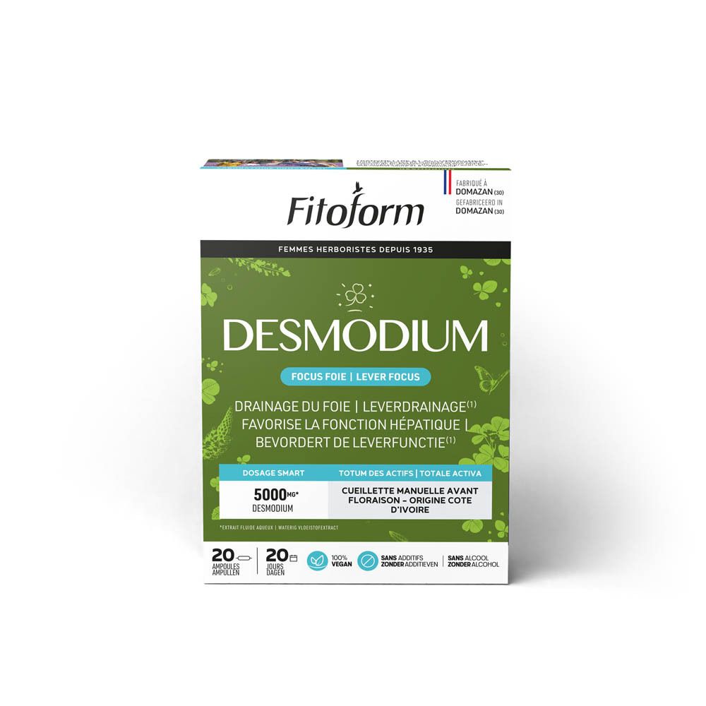 Fitoform-verpakking. Tekst: Desmodium. Groen-witte doos met logo en informatie.