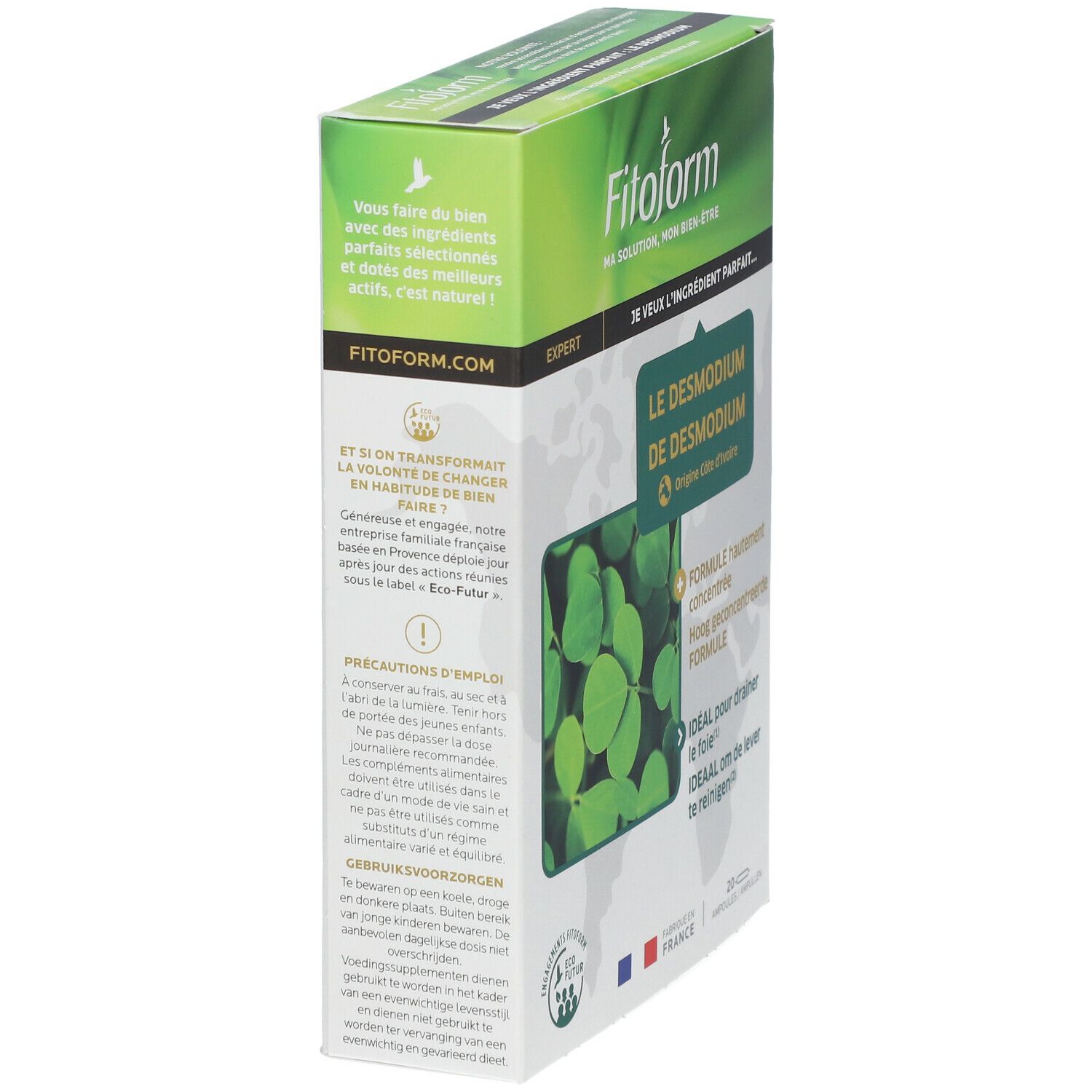Fitoform-Verpackung, schräg. Text: Le Desmodium de Desmodium. Grün-weiße Schachtel mit Blättern und Logo.