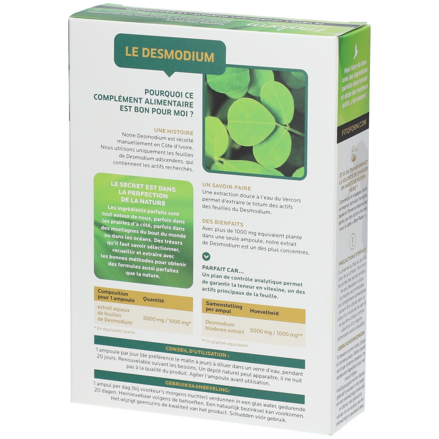 Rückseite der Fitoform-Verpackung. Text: Le Desmodium. Grün-weiße Schachtel mit Inhaltsangaben und Logo.