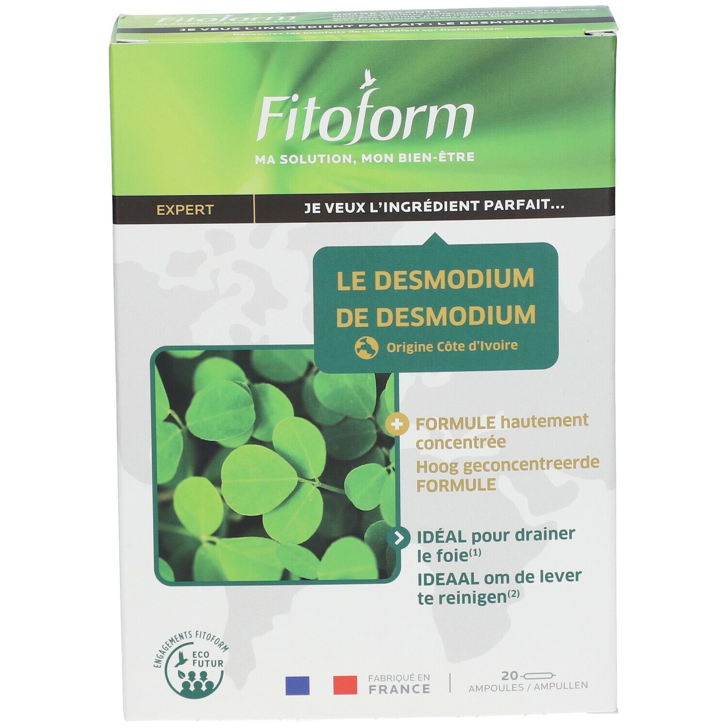 Fitoform-Verpackung mit Text: Le Desmodium de Desmodium. Grün-weiße Schachtel mit Blättern und Logo.