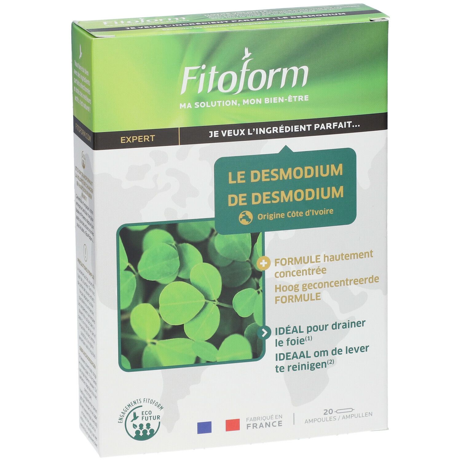 Fitoform-Verpackung mit Text: Le Desmodium de Desmodium. Grün-weiße Schachtel mit Blättern und Logo.