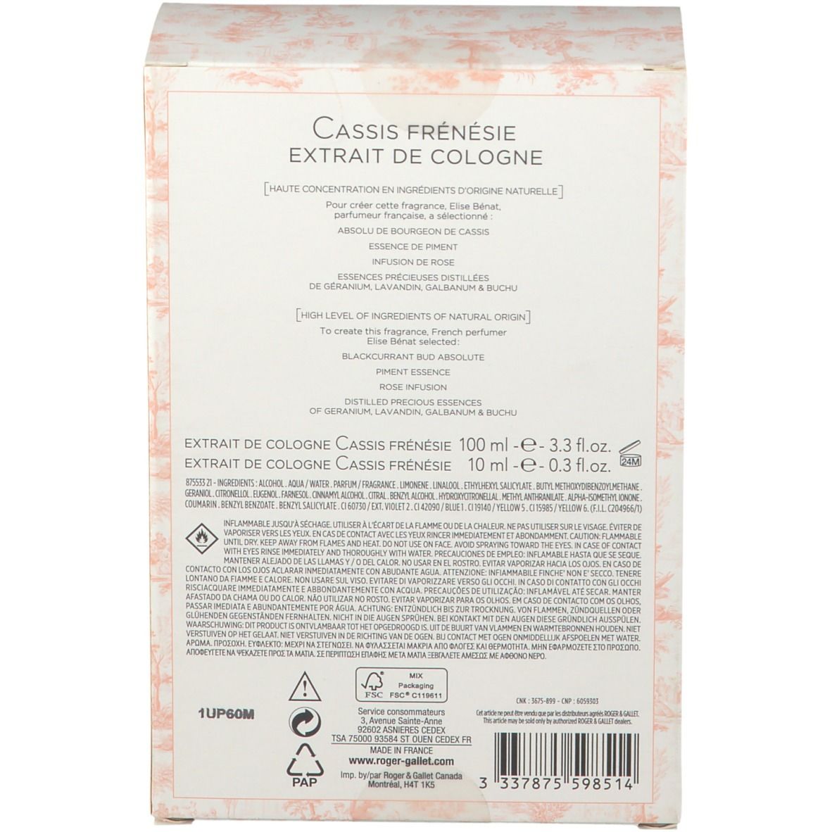 Boîte en carton avec texte. Nom du produit: CASSIS FRÉNÉSIE EXTRAIT DE COLOGNE. Contenances: 100 ml et 10 ml. Ingrédients et avertissements visibles.
