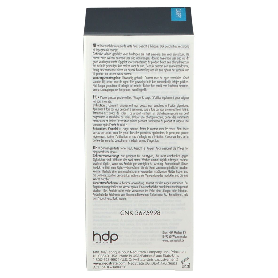 Rückseite der Produktverpackung. Text in mehreren Sprachen. Enthält Informationen zu Anwendung und Inhaltsstoffen.