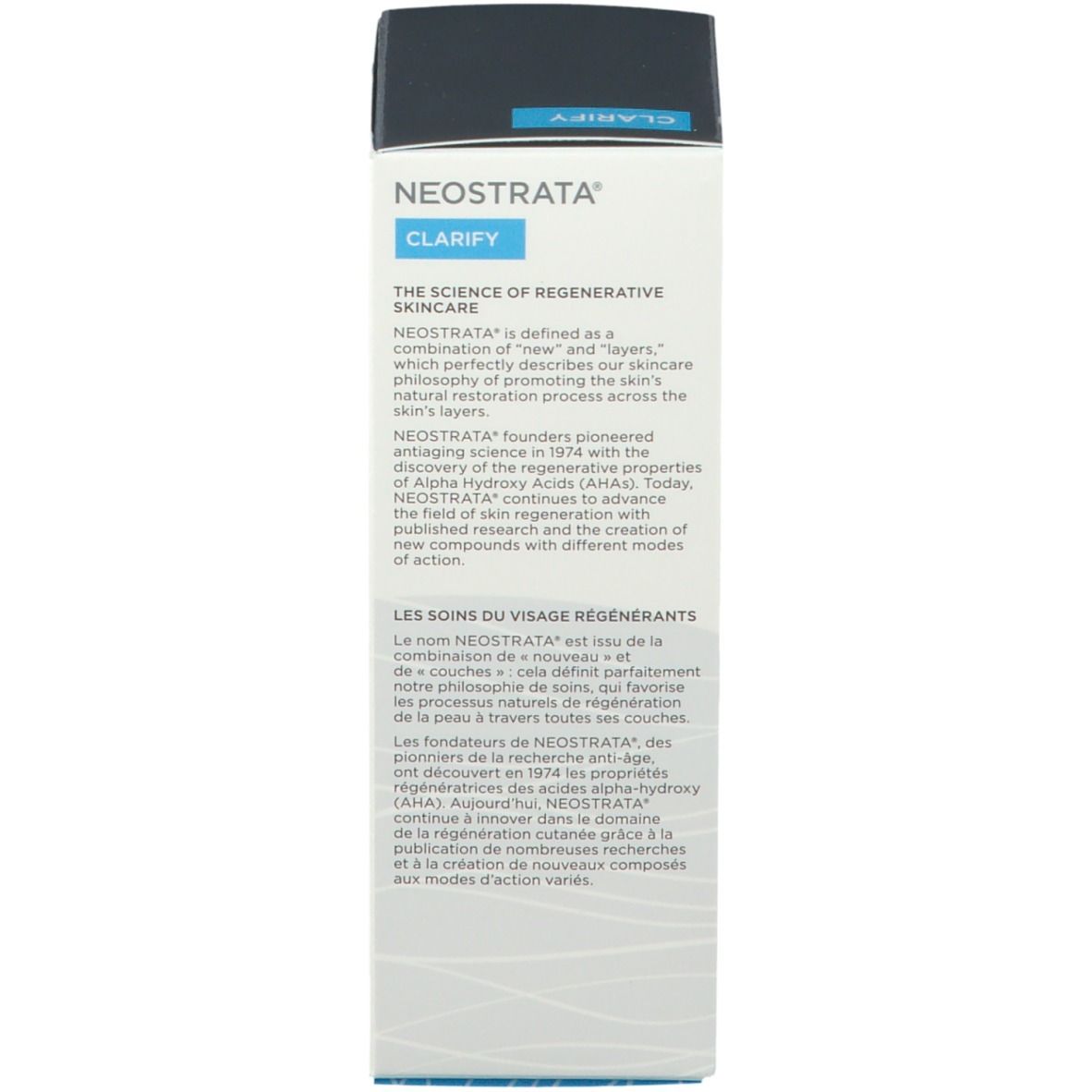 Oberseite der Produktverpackung. Text über die Marke NeoStrata und die Philosophie der Hautpflege.